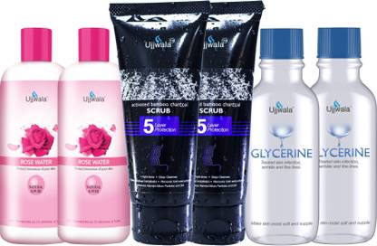 Ujjwala Natural and Pure Activated Bamboo Charcoal Scrub 50 GM X 2 Pcs + Rose Water (100 ML X 2) and Glycerine 60 GM X 2(Combo of 6)For Women