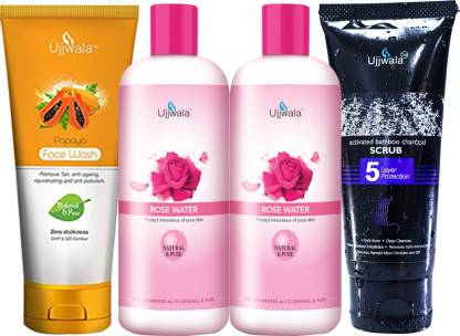 Ujjwala Natural and Pure Activated Bamboo Charcoal Scrub 50 GM + Rose Water (100 ML X 2) and Papaya Face Wash 50GM (Combo of 4)For Women