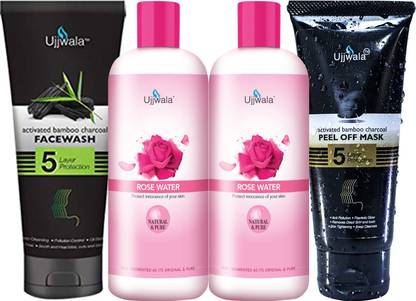 Ujjwala Natural Activated Bamboo Charcoal Face Wash 50 GM + Fresh Rose Water (100 ML X 2) and Activated Bamboo Peel Of Mask 50 GM(Combo of 4)( Combo of 3) For Women