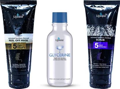 Ujjwala Natural Activated Bamboo Charcoal Peel Of Mask 50 GM + Scrub 50 GM and Fresh Glycerine 120 GM(Combo of 3)