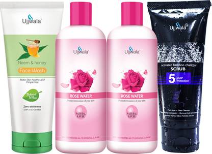 Ujjwala Natural Activated Bamboo Charcoal Scrub 50 GM + Rose Water (100 ML X 2) and Neem & Honey Face Wash 50GM (Combo of 4)