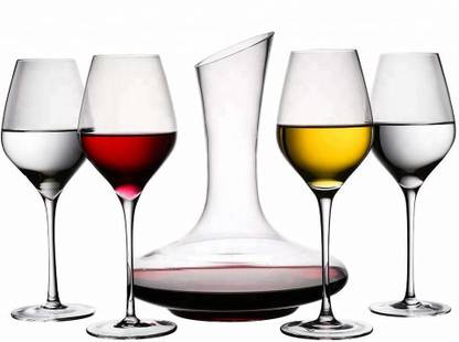 Masox Store Glass Decanter for Wine, Juice, Water and Coldrinks with 1000ML Capacity Combo with 4 Pcs 250ML Wine Glass (set of 5) Decanter