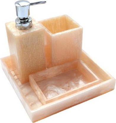 Tranquil Square Bathroom Accessory Set | Glossy Marble Finish Peach Tone Shade Design | Set of 4 | Soap Holder, Dispenser, Tumbler and Tray Marble Bathroom Set