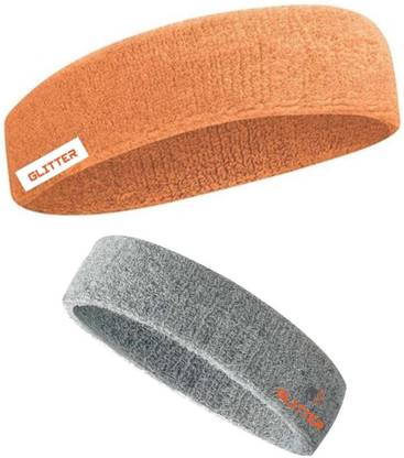 Glitter Non Slip Moisture Wicking Work Out Cotton Head Band For Men's & Women's Sweatband for Workout/ Sports Fitness/Exercise/Training/Running/Yoga-Pack of 2(Orange,Grey) Head Band