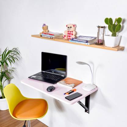 Torche Wall Mounted Study Table 31 Inches X 16 Round Corner Office Stand Laptop Foldable 100 Made In India Pink Solid Wood Solid Wood Study Table In India, Chair With Laptop Table India