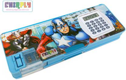 CHIRPLY Magnetic Superhero AVENGERS Pencil Box with Reversible CALCULATOR, 2-Sided Cartoon Printed Case for School, Birthday Gift for Kids Art Plastic Pencil Box