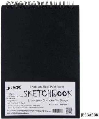JAGS Black Sketchbook Drawing Book Wire-O 100 Pages 140 Gsm (Size: A5) (Pack Contain 50 Sheets) - Black Sketch Pad