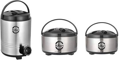 Rjkart Stainless Steel Hot Pot Casserole with Handle Insulated Roti Box Set Container and Leakproof Water Storage Container Jug Dispenser Urn with Tap - Combo of 5 Ltr Water Contaniner, 700 mL & 1 Ltr Hotpot Serveware Pack of 3 Serve Casserole