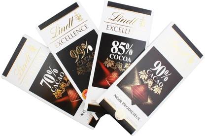 LINDT Excellence Set of 4 70% + 85% +90% + 99% Cocoa Dark Chocolate Bars Combo Bars