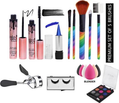 Color Diva CMB126 Eye & Face Stylish Combo-Eyeliner, Kajal, Mascara, EyeShadow, EyeLashes, Clipper, Blender & Set of 5 Brush