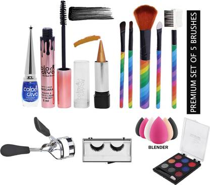 Color Diva CMB80 Eye & Face Stylish Combo-Eyeliner, Kajal, Mascara, EyeShadow, EyeLashes, Clipper, Blender & Set of 5 Brush