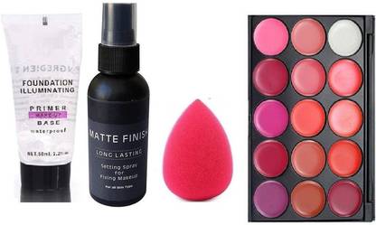 KA-KAIASHA Long casting makeup COMBO KIT kit fer girls Illuminating Face Makeup Base Water Proof Primer (Transparent) ILLUMINATING FACE MAKEUP BASE WATER PROOF PRIMER LONG LASTING WATERPROOF MATTE LIPSTICK PALETTE