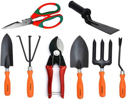 FADMAN Basic Tool For Gardening (Weeder, Cultivator, Big Trowel, Small Trowel, Garden Fork, Double Cut Pruner, Khurpa, Scissor) Garden Tool Kit
