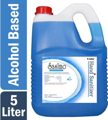 Sasimo Blue Liquid 70% Alcohol Based (Kills 99.99% Germs & Flu Viruses) Without Water with triple action formula sanitizes hands, pH balanced, nourishes skin Can 5 Liters Can Hand Sanitizer Can