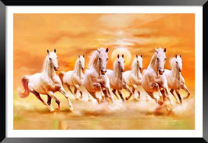 DBrush 7 Running White Horses Photo Framed with Glass Vastu Blessing Yellow Artwork Digital Reprint 12 inch x 18 inch Painting