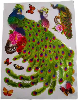 Dms Retail 38.1 cm Multicolor PVC Vinyl Peacock Stickers for Wall Decoration 7D Stickers for Room Decoration Big Size(15X12) Inches Self Adhesive Sticker