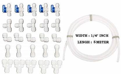 MG WATER SOLUTION e Ro Push fit Connector,Push to Connect Water Tube Fitting Ball Valve,Tee,Straight Union,E-blow Union Tube Fitting, 5 Meter 1/4" Pipe for Ro Water purifiers Set - 26 Pcs Solid Filter Cartridge
