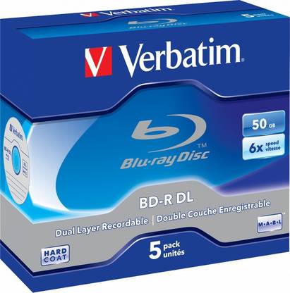 Verbatim Blu-ray Recordable 43748 Pack of 5 BDR DL Double Layer Disc in Jewel Case Speed 6x 50 GB