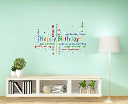 Sudarshan Creatives 91 cm Happy Birthday in different languages wall sticker |Multicolor| Self Adhesive Sticker