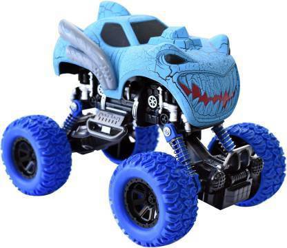 TrueBucks Pull Back Dinosaur Monster Truck with Big Rubber Wheels for Kids (Blue)