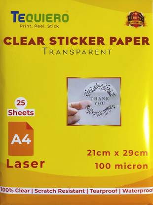 Tequiero Transparent Clear Sticker Paper Sheets for Laser Printer A4 Size Self Adhesive Printable Label Sheet for PVC Stickers for Artwork, Labels, Kitchen, Office and School work - (Laser Printer) - 25 Sheets Self-adhesive Paper Label