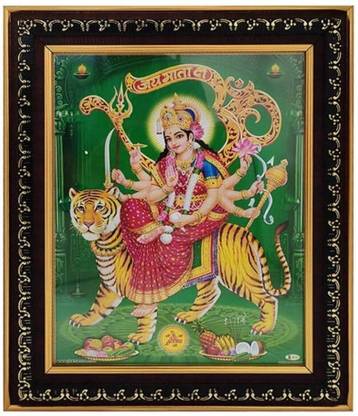 Dalvkot Goddess Maa Durga Devi Photo Frame with Green Background for Wall Hanging and Pooja Room Religious Frame