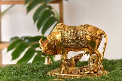 Fashion Bizz Large Elegant Kamdhenu Cow And Calf Metal Statue With Krishna Decorative Showpiece  -  16 cm