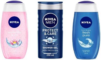 NIVEA Shower Gel - Waterlily & Oil , Protect & Care , Fresh Pure 250 Ml each