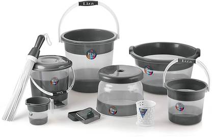Liza Plastic Deluxe Bathroom Set Bucket 21l Mug Stool (Set of 9, Grey, Rio) 21 L Plastic Bucket