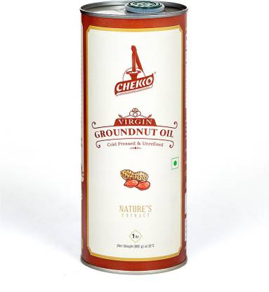 chekko Kachi Ghani Cold Pressed Virgin Groundnut Oil | 100% Natural, Pure & Wood Pressed (1L) for Cooking, Seasoning and a Healthy Heart and Skin Groundnut Oil Tin