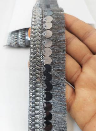 Mezin Grey Zari-2 Tassel Fringe Sequence Lace Border for Dresse, Saree, Lehenga, Dupatta, Bag, Craft and Decorations Lace Reel