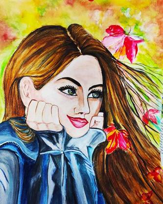 PERIWINKLE ARTWORK Multicolour Happy Girl Art Watercolor 16.5 inch x 11.7 inch Painting