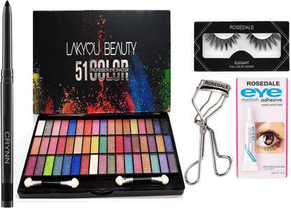 Crynn Smudge Proof Rosedale Kajal & Lakyou Perfect 51 Signature Velvet Eyeshadow Palette & Professional False Eyelash Pair & Adhesive Glue , Curler