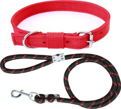 BODY BUILDING Nylon Dog Belt Combo of Red Dog Collar with Black Leash 1.5m Lengthy Dog Collar & Leash