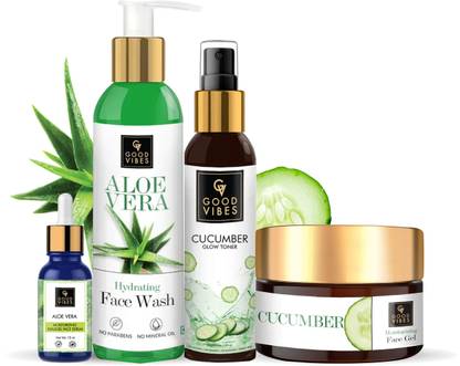 GOOD VIBES Hydrating Combo Kit (Aloe Vera Face Wash 200 ml + Cucumber Toner 120 ml + Aloe Vera Emulgel Serum 10 ml + Cucumber Gel 100 g)