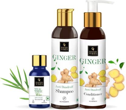 GOOD VIBES Anti Dandruff Combo Kit (Tea Tree Essential Oil 10ml + Ginger Shampoo 200 ml + Ginger Conditioner 120 ml)