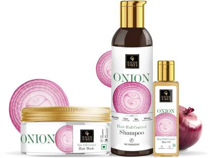 GOOD VIBES Onion Hair Fall Control Combo Kit (Onion Shampoo 200ml + Onion Hair Mask 200 g + Onion Hair Oil 100 ml)