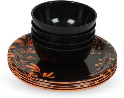 Golden Fish Pack of 8 Melamin Melamine Round Orange Small Size & Starter Plate || Veg. Bowl Floral Printed Dinner Plates (Set of 8; Plate Size:- 7 Inches (RM-OrangePatta-QPB-8) Dinner Set