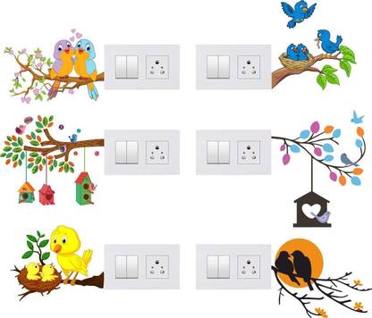 (RNG) 76.2 cm RNG Animals Sparrow Birds Wall Switch Board Stickers Colourfull Wall Sticker for Switch,Button Stickers,Switch Board Stickers for Wall 3D,Wall Sticker for Switch Board Stylish Vinyl Multicolour Set of 6 Self Adhesive Sticker