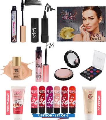 Skin Diva Trendy Insta Beauty Makeup Kit (SD-1069)-Facial Kit,Foundation,Eyeliner,Kajal,Eye Shadow,Compact Powder,Mascara,Fruit Face Wash,CC Cream with 6 MultiColor Cute Lips Lipstick