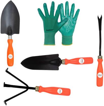 FADMAN Garden Hand Tools Set of 5 PCS (Weeder, Hand Rake, Big Trowel, Transplanter, Green Gloves) Garden Tool Kit