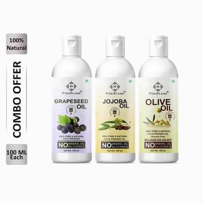 PuriFlame 100% Pure Grapeseed Oil 100ML & Jojoba Oil 100ML & Olive Oil 100ML Combo For Rapid Hair Growth, Anti Hair Fall, Split Ends & Promotes Softer & Shinier Hair (Pack Of 3) Hair Oil
