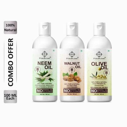 PuriFlame 100% Pure Neem Oil 100ML & Walnut Oil 100ML & Olive Oil 100 ML Combo Hair Oil
