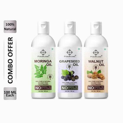 PuriFlame 100% Pure Moringa Oil 100ML & Grapeseed Oil 100ML & Walnut Oil 100ML Combo Hair Oil
