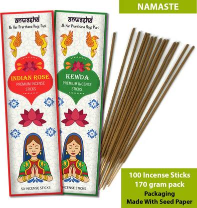Anwesha Namaste Scented Natural Ayurvedic Incense Sticks Agarbatti Pack - 100 Sticks - 2 Fragrance - Indian Rose and Kewda Flower - Packaging Made With Handmade Seed Paper Indian Rose and Kewda Flower