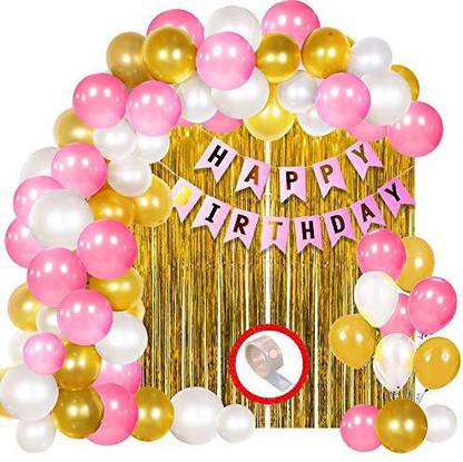 Prihit Birthday Decoration Kit for Girls 64Pcs Pink, Glden White Metallic balloons