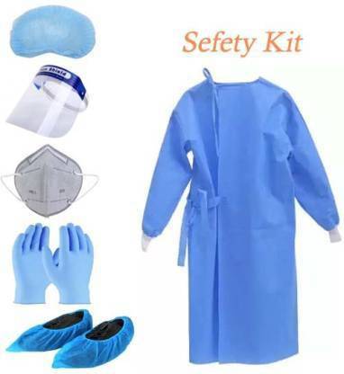 sky enterprise shop Sky Travelling Kit Gown Cap mask Face Shield Nitrile Glove Shoe Cover Safety Jacket (Blue) Pack of 1Set Kit Safety Jacket