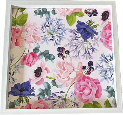 Brahma Design Roses Etc Design White Border 12" x 12" Fibre Tray - Kitchen, Dining, Serving & Desk Tray is Made of Fibre Frame with Acrylic Insert in Square Shape Tray