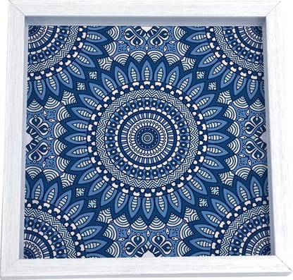 Brahma Design Blue Mandala 2 Design White Border 9" x 9" Fibre Tray - Kitchen, Dining, Serving & Desk Tray is Made of Fibre Frame with Acrylic Insert in Square Shape Tray