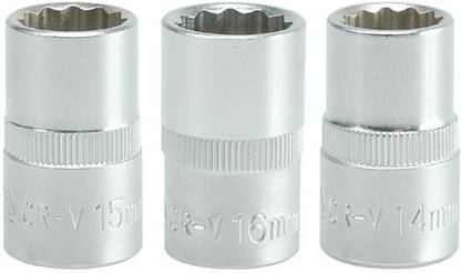 YATO 3 BiHexagonal Sockets YT-1276(14mm),YT-1277(15mm), YT-1278(16mm) with length of 38mm and 1/2 inch drive made of chromium Vanadium-Pack of 3 Socket Set